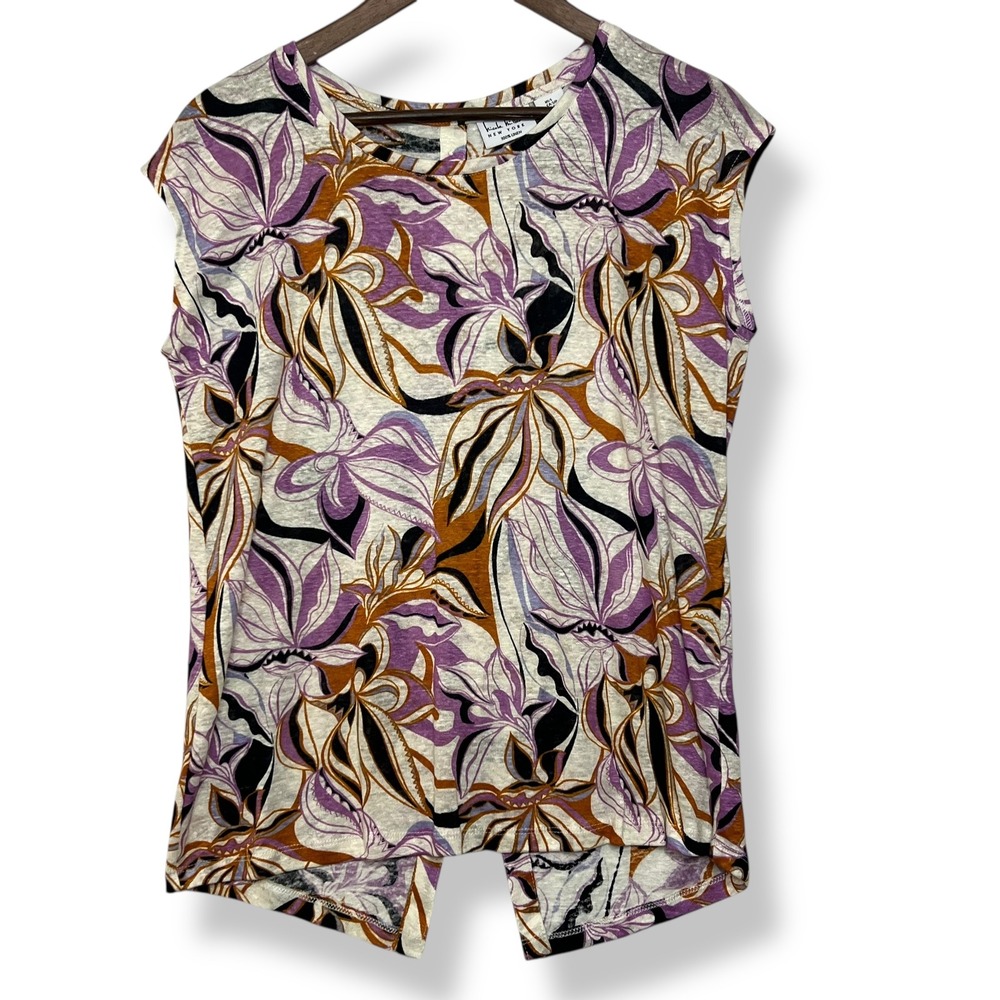 Nicole Miller New York Top S Purple Floral 100% Linen Button Back Art Lagenlook